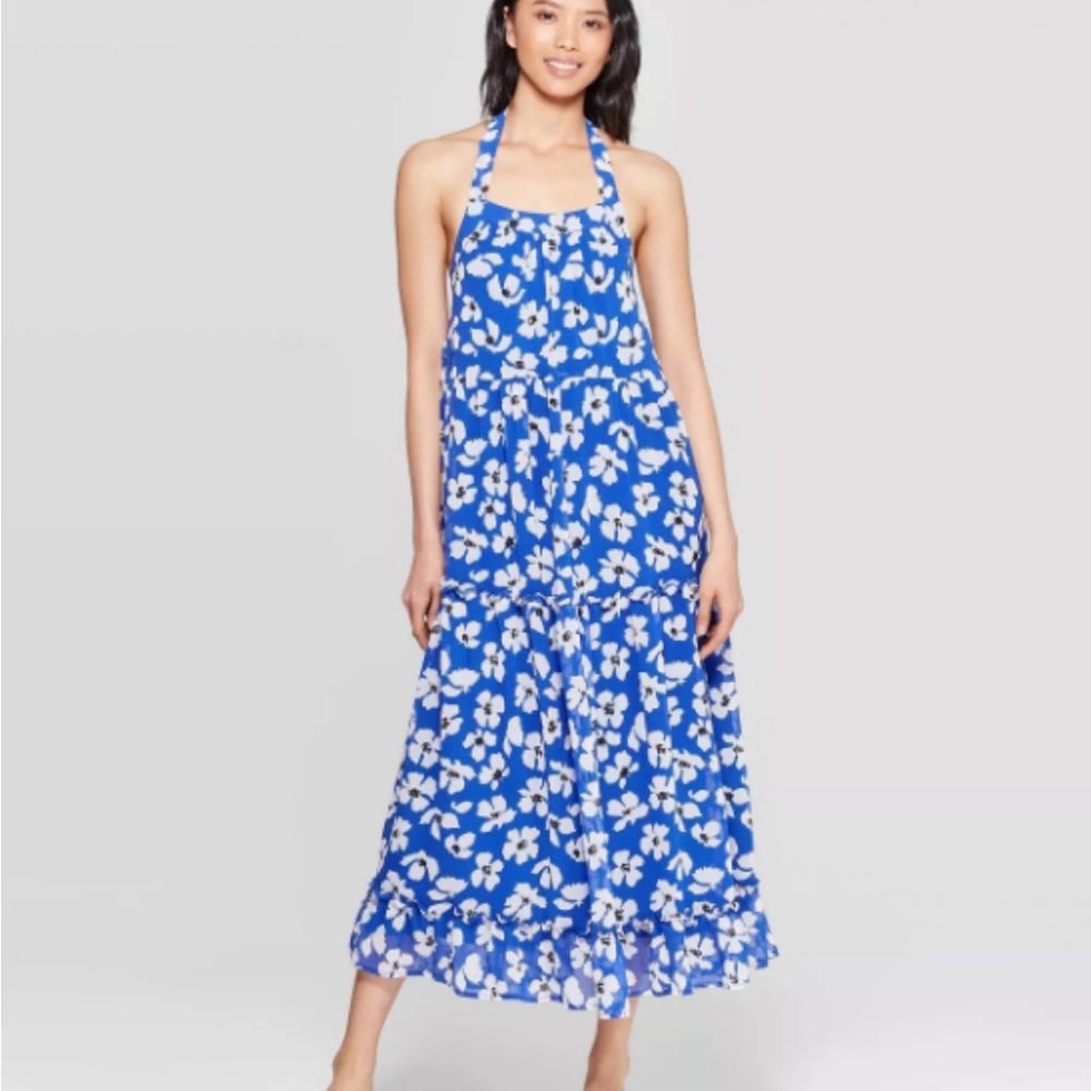Who What Wear Floral Blue Halter Maxi Dress size s
